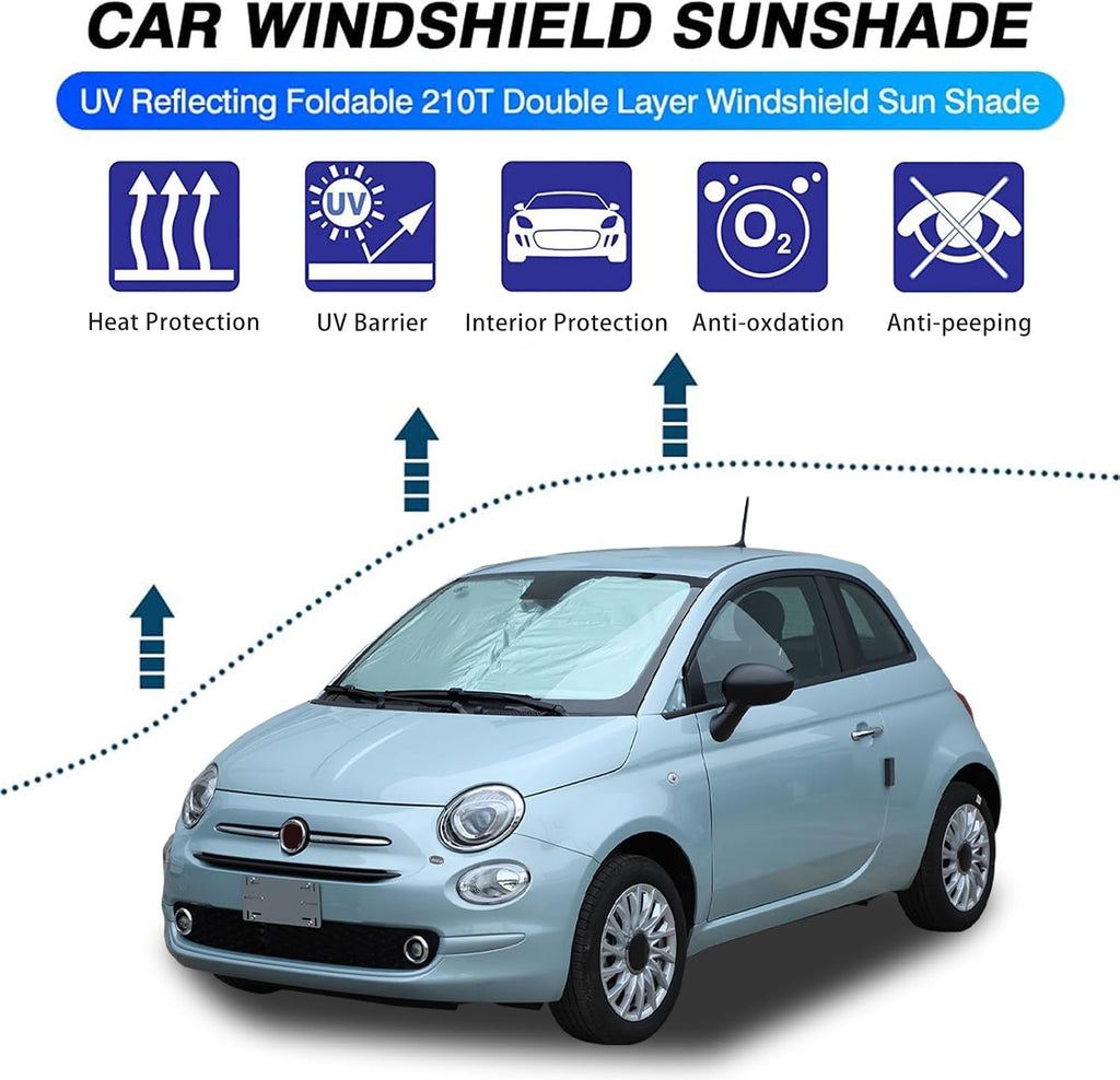 The Original Windshield Sun Shade Compatible with Fiat 500 2010-2025+ Abarth 595 2014-2024 Car Windshield Reflective Sunshade Protector Sun Shade Accessories (Silver)