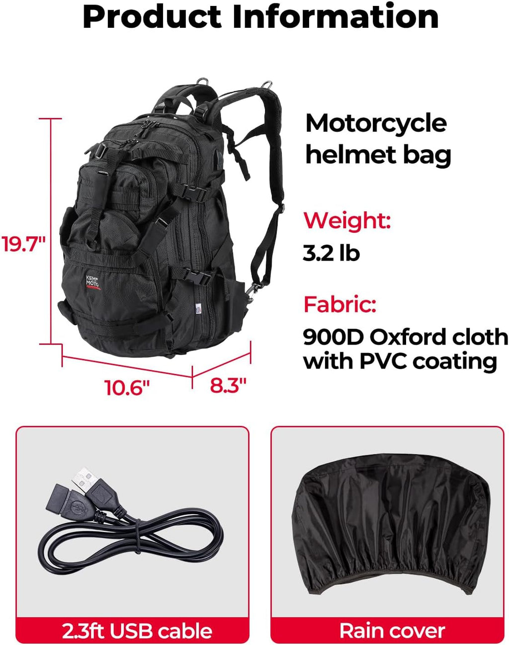 KEMIMOTO Motorcycle Helmet Backpack, 37L Large Capacity Helmet Bag with USB Charging Port, Riding Commuting Backpack for Men
