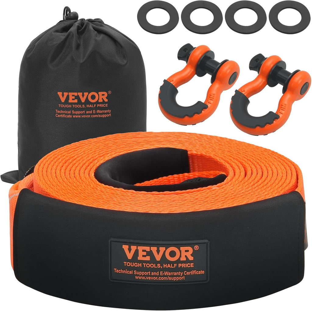 VEVOR Heavy Duty Tow Strap Recovery Kit 3" x 30 ft (MBS-36,000 lbs) Tree Saver Winch Strap, Triple Reinforced Loop & Protective Sleeves & Storage Bag, 3/4" D-Ring Shackles, for Truck Jeep SUV ATV
