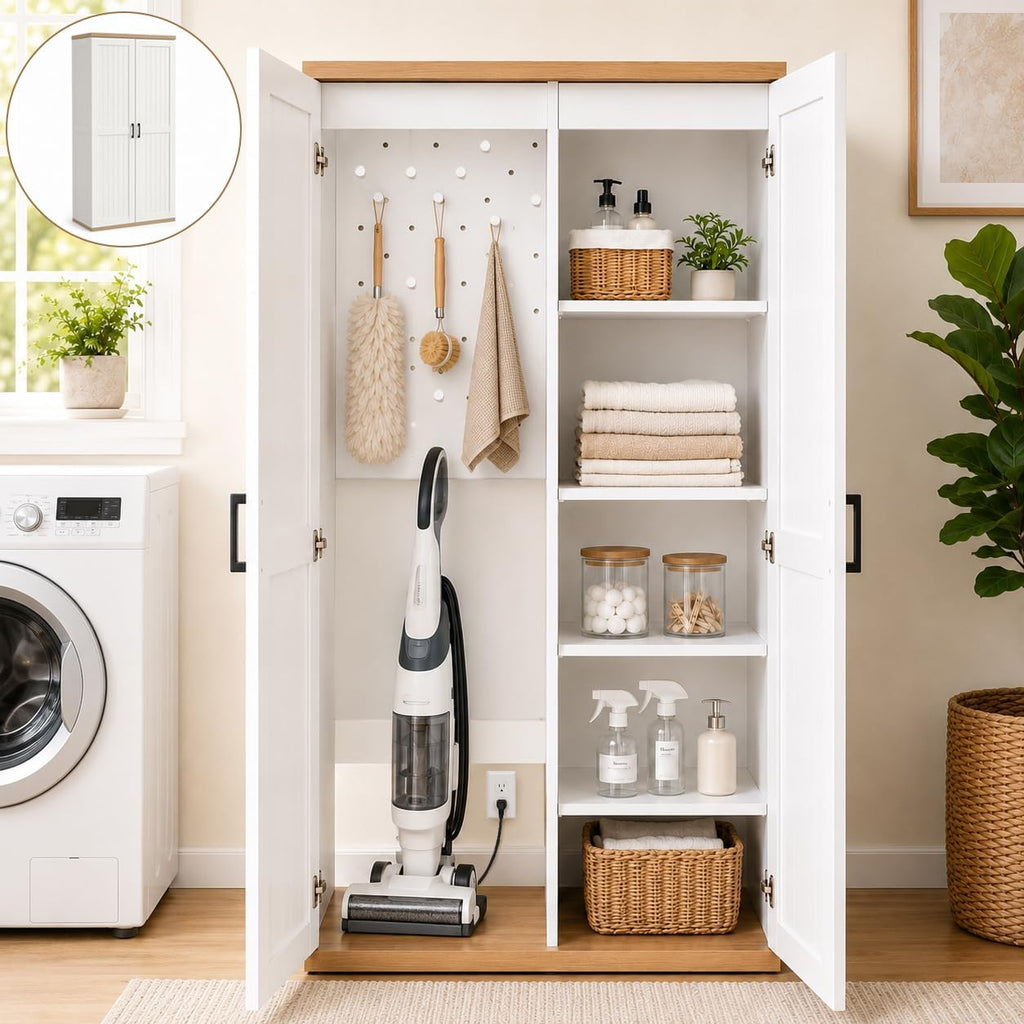 68.9" wooden broom closet storage cabinet with perforated, main product view