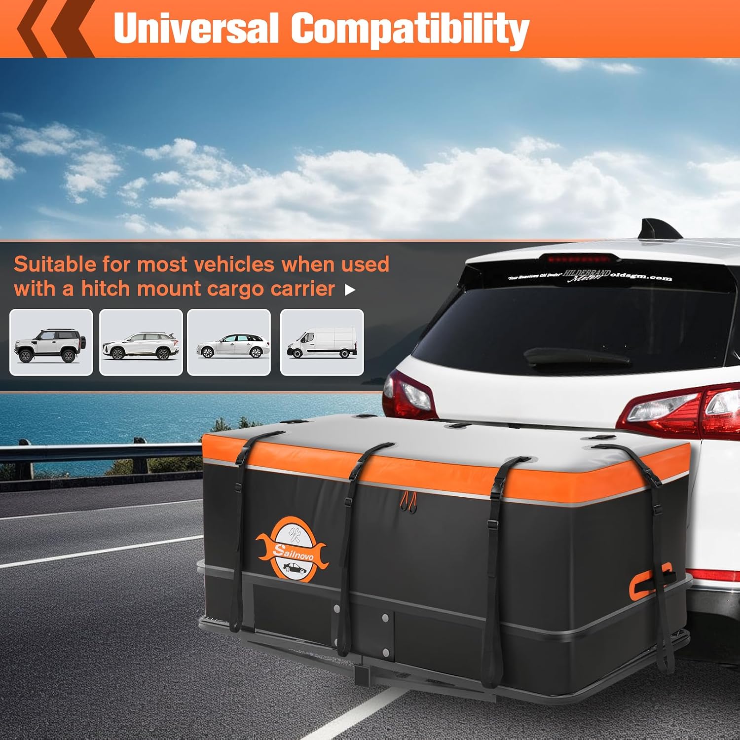 Sailnovo Hitch Cargo Carrier Soft Shell Bag Waterproof 20 Cubic Feet Cargo Bag for Hitch Carrier, PVC Trailer Hitch Storage Bag with 8 Reinforced Straps & Combination Lock & Storage Bag
