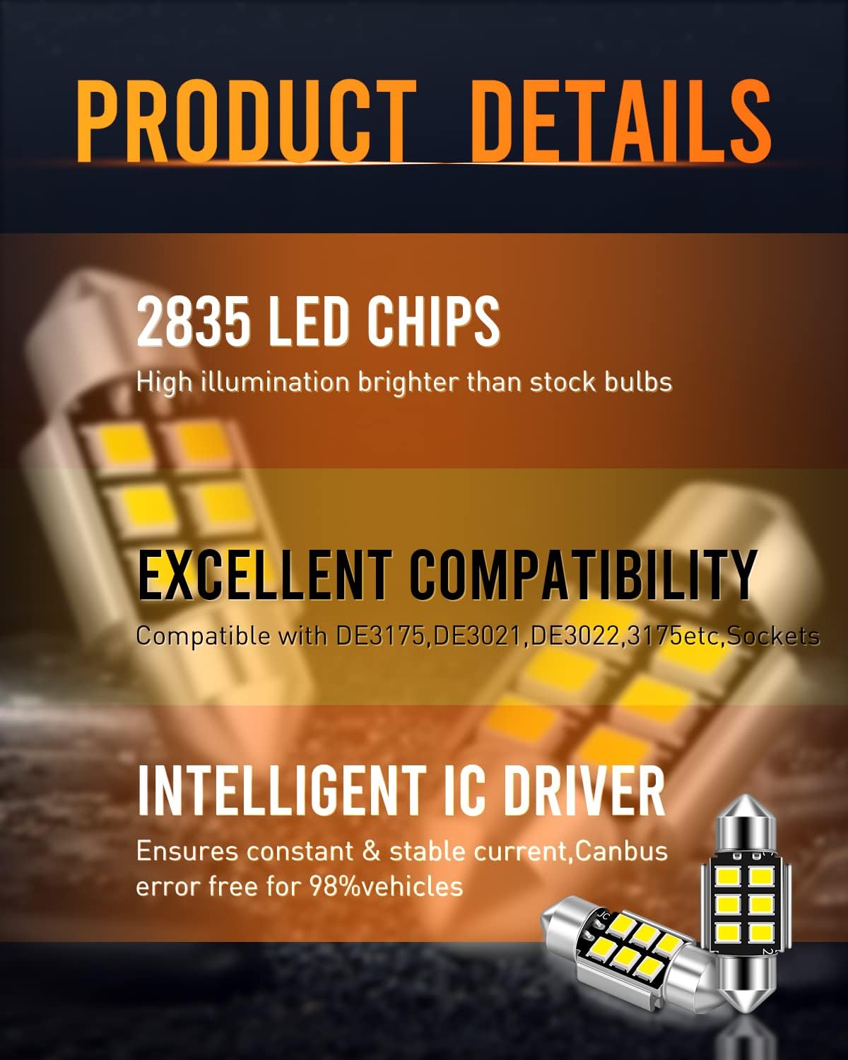 DE3175 LED Bulb Xenon White CANBUS Error Free 1.25 inches DE3021 DE3022 3175 LED Bulbs Used for Interior Map Dome License Plate Courtesy Lights,Pack of 5