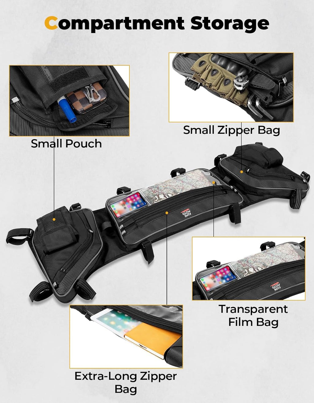 KEMIMOTO UTV Roof Bag Compatible with 2024-2026 Polaris RZR XP1000/XP4 1000 | Large Capacity, 1680D, Water-resistant, Touch Screen Clear Pocket, Multiple Categorized Pockets
