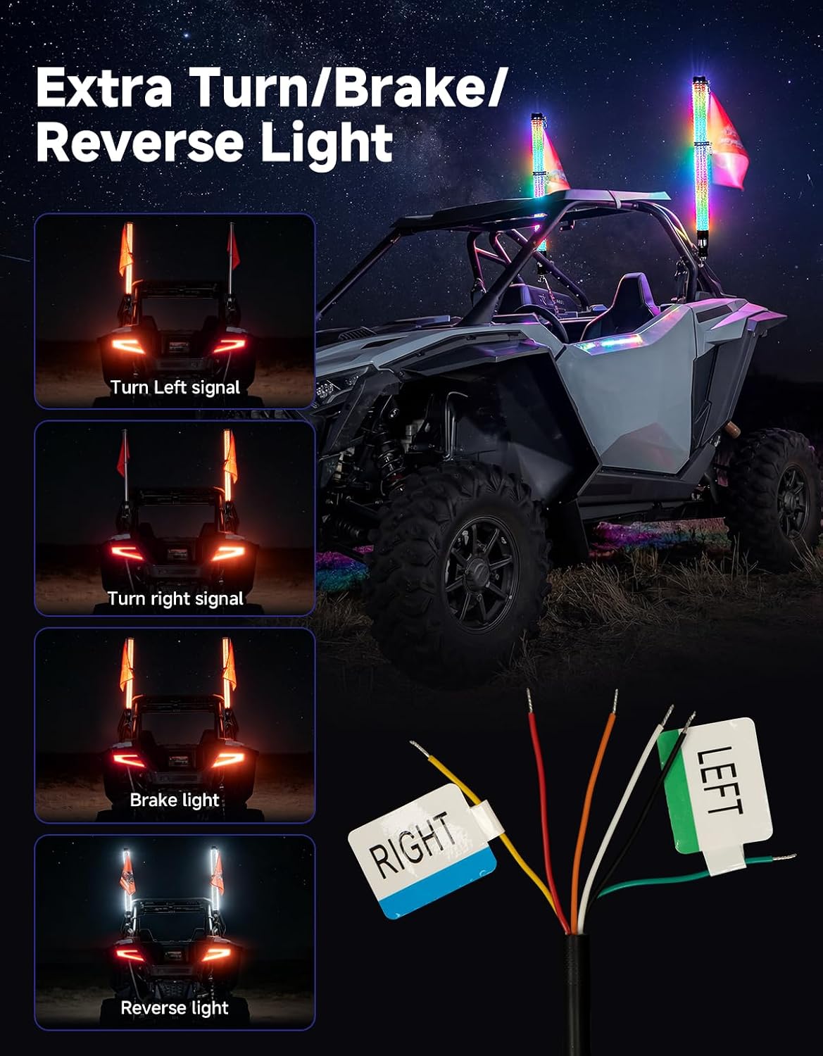 KEMIMOTO 2pc 3ft Fat Whip Lights for Side by Side, Turning Signal Function Compatible with Polaris RZR Can-Am Maverick X3, LED Whip Lights for UTV ATV Buggy Boat Offroad