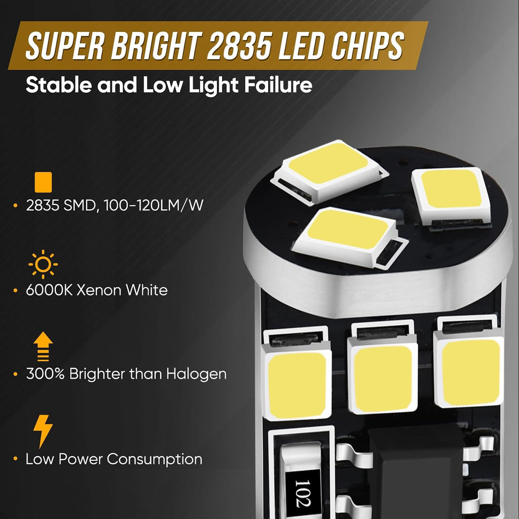 Audak 194 LED Bulb T10 W5W 2825 158 192 168 Canbus 9SMD 2835 Chipset 6000K White Non-polarity for Car Interior Dome Map Door Courtesy License Plate Trunk Lights (Pack of 10)