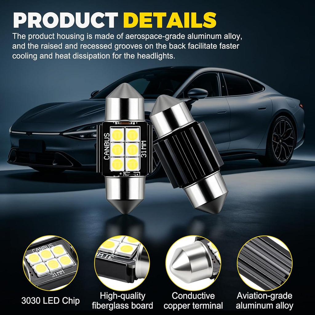 iBrightstar 9-30V Extremely Bright DE3175 DE3021 Festoon LED Bulbs Error Free 1.25" 31mm for Interior Map Dome Lights and License Plate Courtesy Lights, Xenon White
