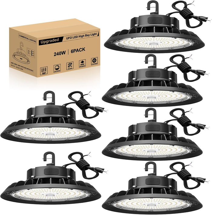 UFO LED High Bay Light 240W 6 Pack, High Bay LED Shop Light 36,000LM 0-10V Dimmable, 5' Cable with US Plug, Hanging Hook, Safe Rope, ETL Listed High Bay for Warehouse Factory Barn Shop