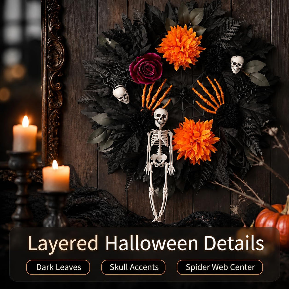 24in Halloween Wreath for Front Door, Black Pumpkin Skull Gothic Door Decor