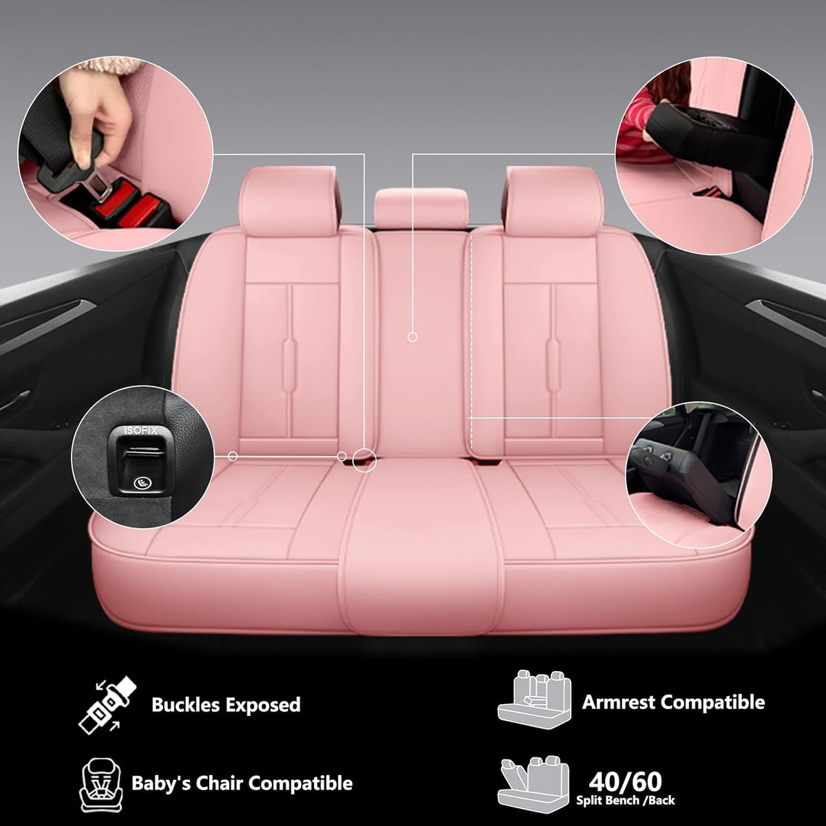 ns yolo universal fit premium pink leather 5-seats showing dimensions