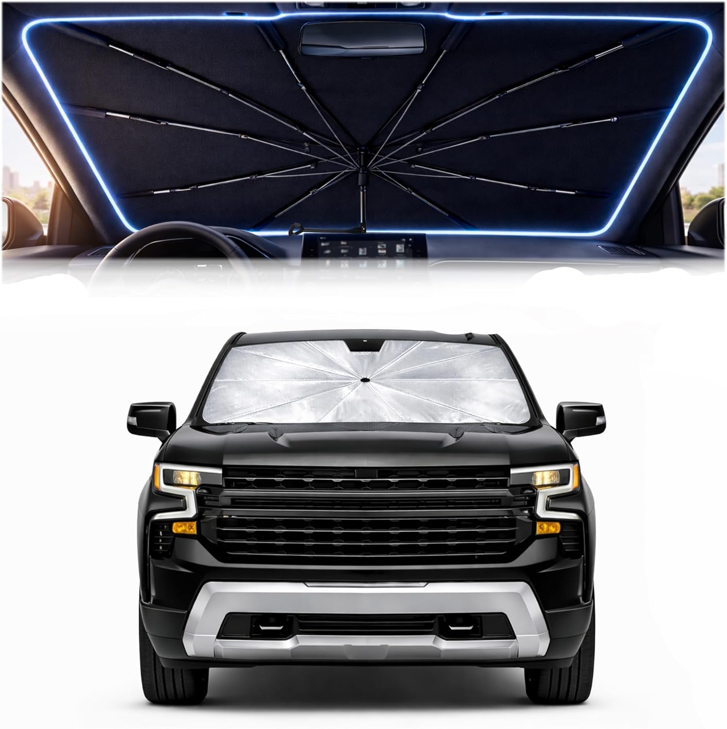 Car Windshield Sun Shade Umbrella - Custom-Fit for Chevrolet Silverado 1500&GMC Sierra 1500 2500 3500 2019-2026 Umbrella Sunshade,UV Protection & Heat Reflective,Keep Interior Cooler
