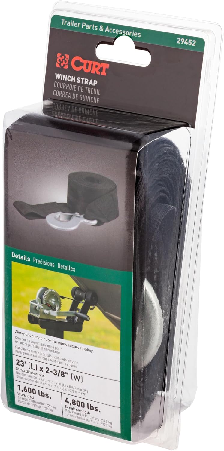 CURT 29452 2-3/8-Inch x 23-Foot Polyester Winch Strap with Hook, 4,800 lbs