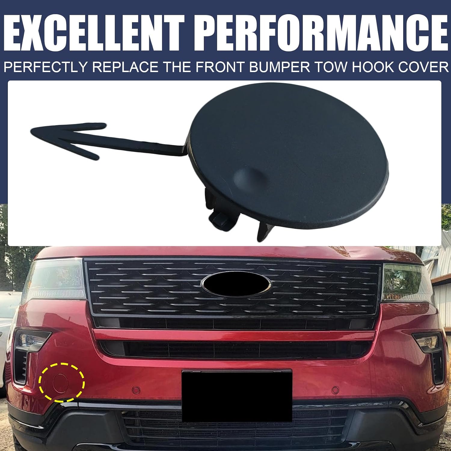 Front Bumper Tow Hook Cover Cap Tow Eye Cap Fit for Ford Explorer 2018-2019, JB5Z-17A900-AB, Unpainted, 1PC