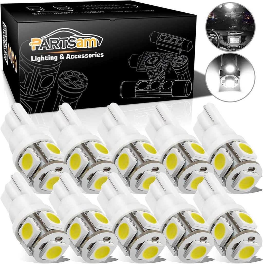 Partsam 194 168 LED Bulbs White, Super Bright T10 2825 Car Interior Dome Lights Bulbs 6000K 5050-SMD Chipsets Error Free for Car Dome Map Door Courtesy License Plate Lights, 10Pcs