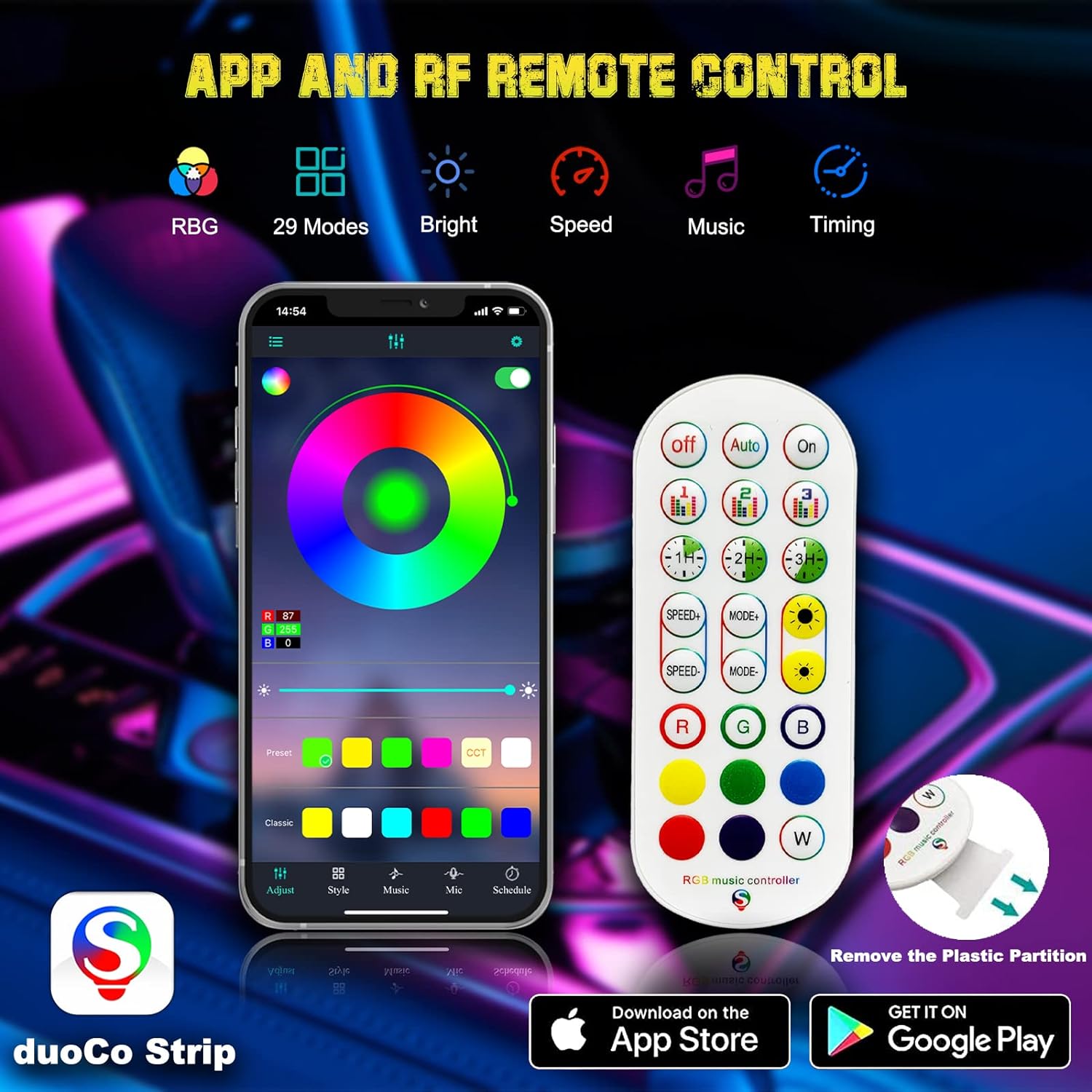 Jushope Interior Car LED Strip Lights, RGB USB Car Ambient Lighting with Wireless APP & Remote Control, Car Accessories Fiber Optifc Lights Sync to Music (2 LED/157 inches)