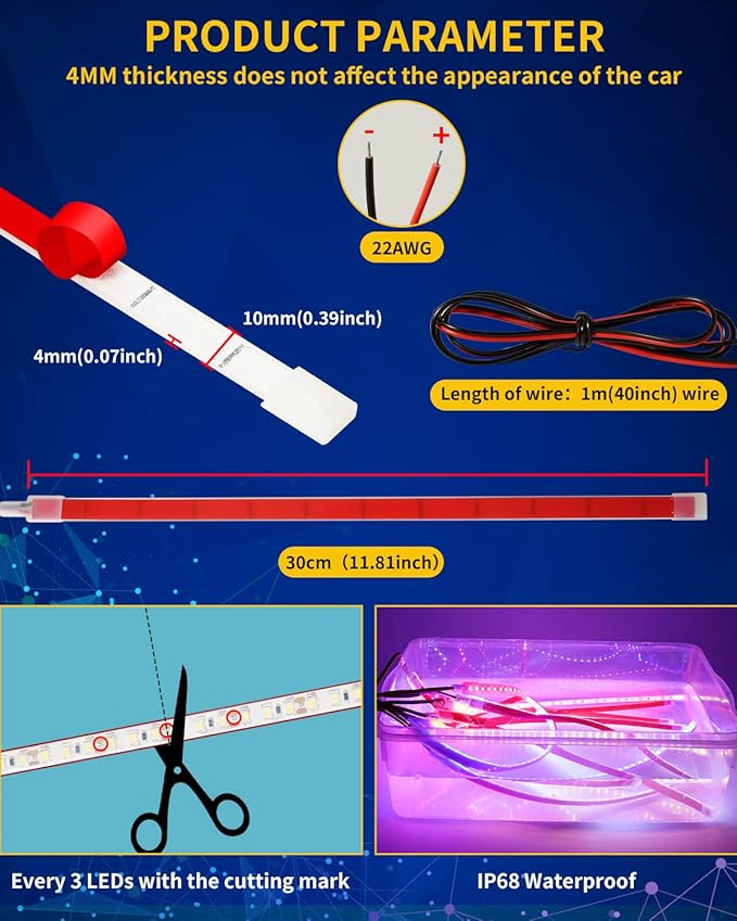 12V Led Strip Light, Car Interior Light Strip IP68 Waterproof Cuttable - Image 2