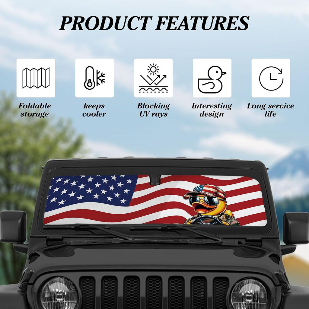 OYIXIO Duck Windshield Sun Shade, Cute Shade Heat Shield，51.57 in *16.14 in, Compatible with JK JKU TJ 2 Door / 4 Door. (Flag)