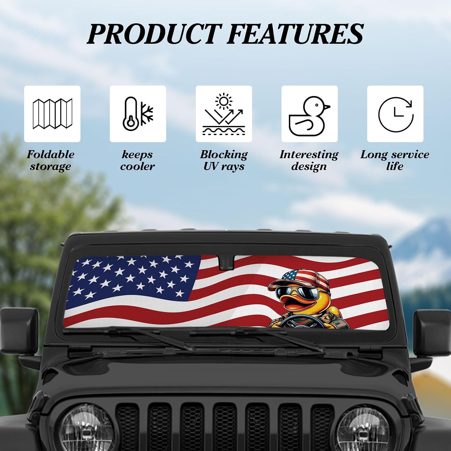 OYIXIO Duck Windshield Sun Shade, Cute Shade Heat Shield，51.57 in *16.14 in, Compatible with JK JKU TJ 2 Door / 4 Door. (Flag)