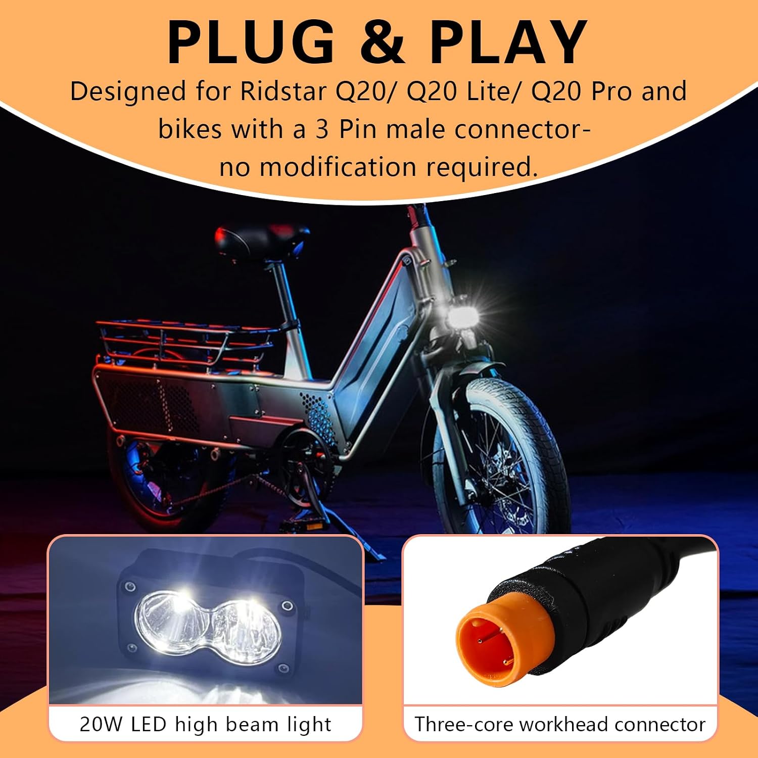 LED Headlight for Ebike, Baja Style Light 6500K 20W Waterproof Compatible with Ridstar Q20 RadRunner RadMini RadRover RadExpand, 3Pin 12V-60V for Ebike Light