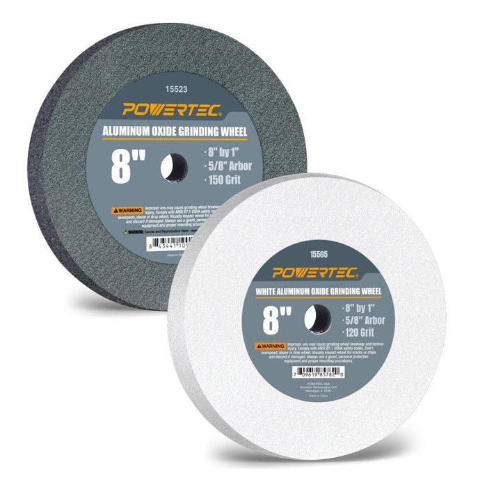 POWERTEC Bench Grinder Wheel 8 Inch 120 & 150 Grit, White Aluminum Oxide Grinding Wheel for Bench and Pedestal Grinder, 1" Thick 5/8" Arbor, Sharpening & Shaping Drill Bits, Blade, Chisel, 2PK (15554)