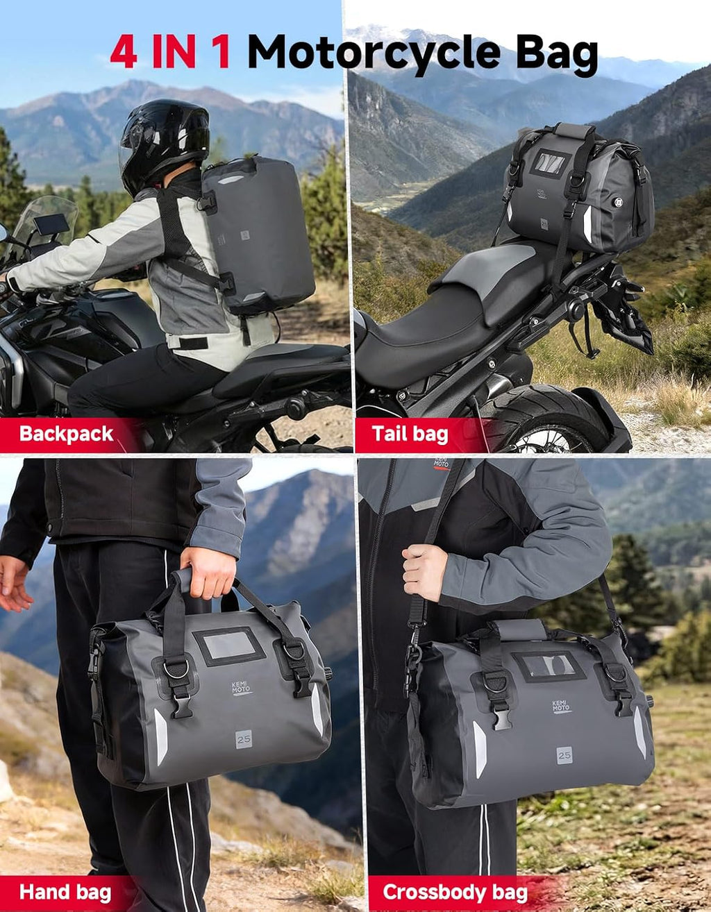 KEMIMOTO Waterproof Motorcycle Dry Bag – Duffle Tail Bag Soft Luggage, 25L/40L/65L Large Capacity with 4 Quick-Release Straps, Dustproof for Touring, Adventure, Motorcycling & Camping Grey