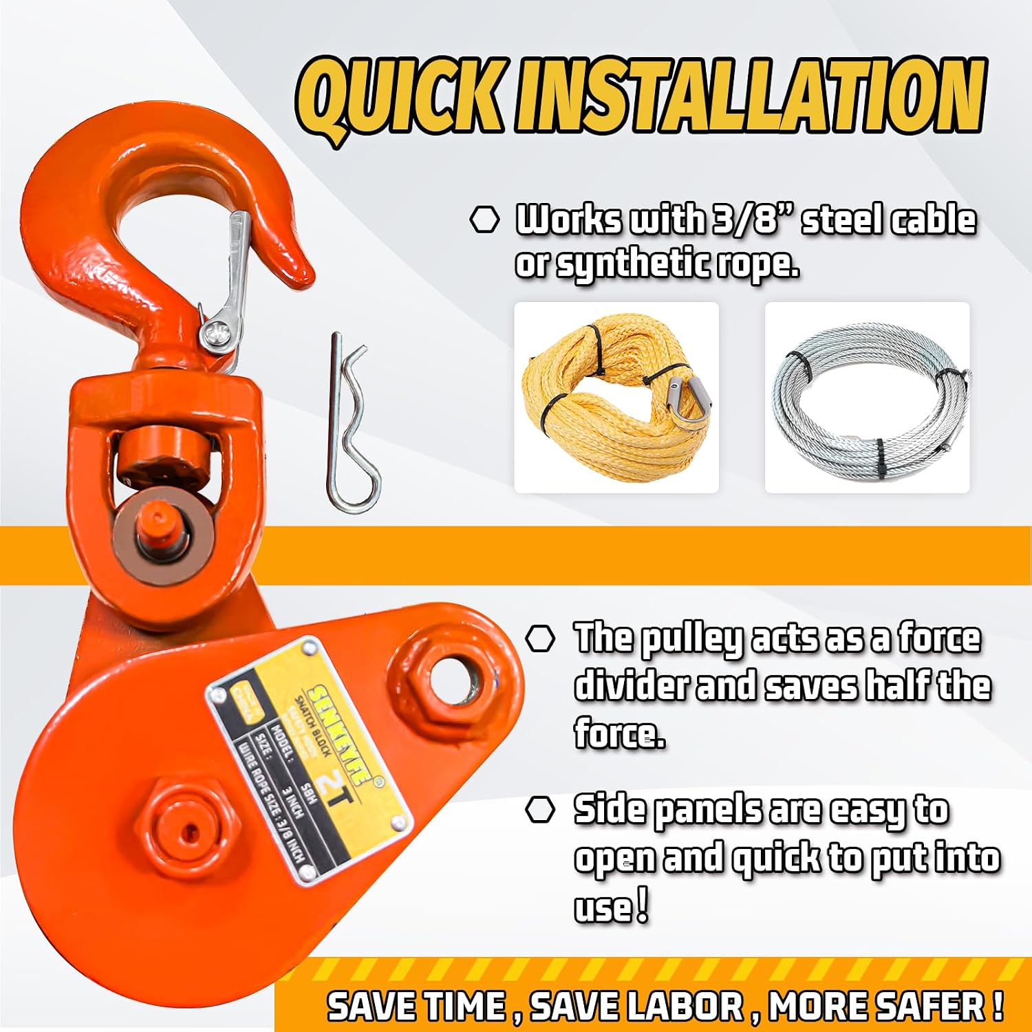 Snatch Block with Hook, Snatch Block 2 Ton WLL, 3" Sheave for 3/8" Wire Rope, Snatch Block Pulley for Rollback Wrecker Car Hauler, Tow Truck Accessories, Winch Accessories, Deep Orange Color