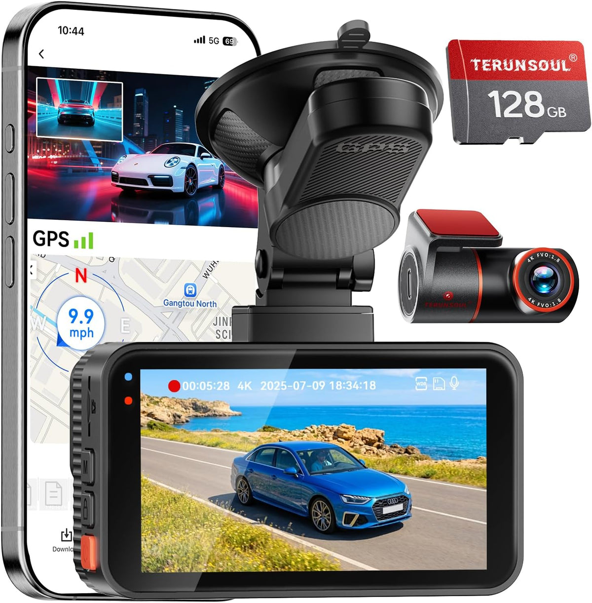 4k+4k dash cam, free 128gb card, 5.8ghz wifi6, main product view