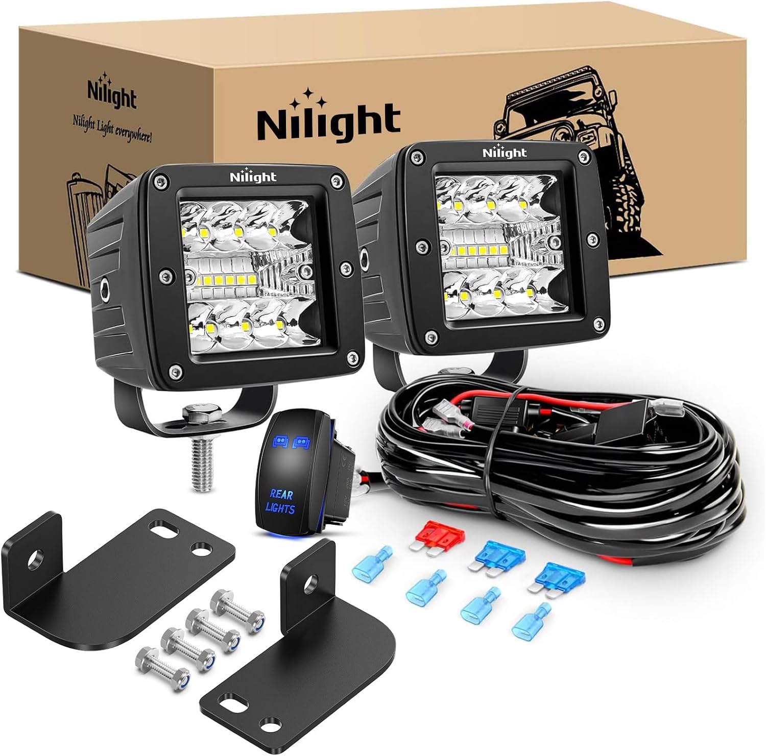 Nilight 2PCS 3 Inch LED Pods Cubes UTV Rear Roof Mounting Brackets LED Backup Reverse Lighting 15FT Wiring Harness Kit 2 Leads for 2013-2024 Polaris Ranger Full Size 570 800 900 1000 XP Crew
