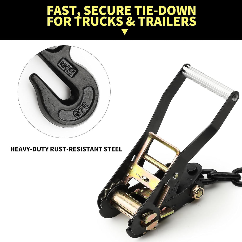 4 Pack Tire Tie Down Straps for Trailers – 2" x 96" Lasso Wheel TrailerRatchet Straps with Chain Anchors, Heavy Duty 9900 lbs Break Strength,UTV, SUV, Truck Trailer Hauling, Yellow