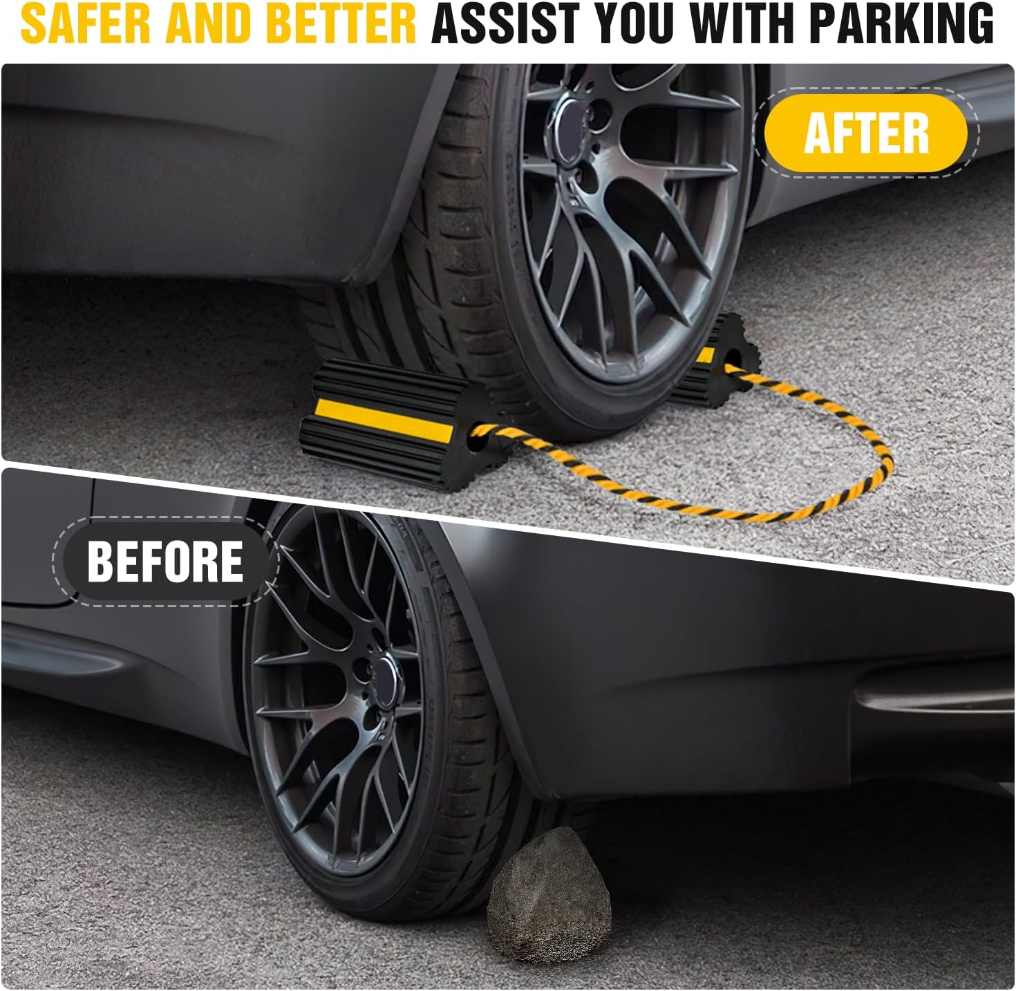 Nilight Wheel Chocks RV Car Heavy Duty Rubber Tire Chock Blocks Stopper Yellow Reflective Strips Stabilizer 4 Pack with Rope for RVs Cars Travel Trailers Campers Trucks Motorcycle Accessories Parking