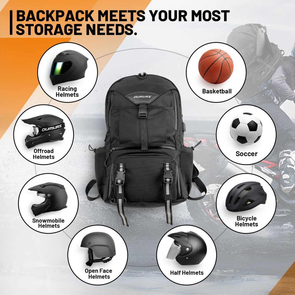 Oumurs Motorcycle Helmet Backpack 50L, Expandable Helmet Bag with Rain Cover, Water-Resistant Black 1680D Oxford Fabric, USB Port, Helmet Strap, Large Capacity for Motorbike Travel & Commuting