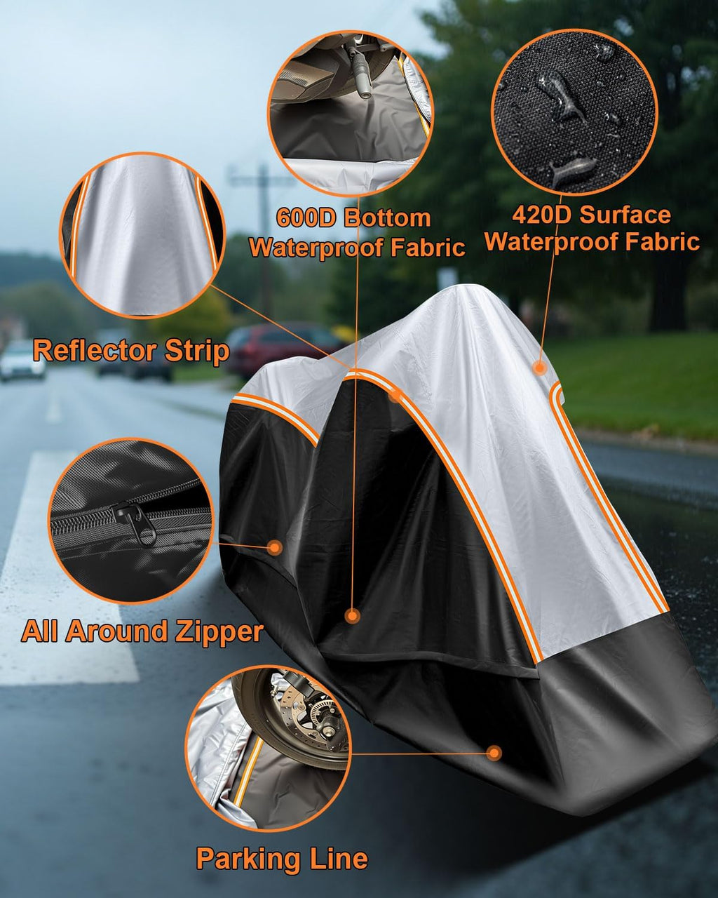 Full Enclosed Large Motorcycle Cover Waterproof Outdoor/Indoor Storage Motorcycle Cover Heavy Duty with Reflective Strips Fits Motorcycles Length up to 118" with Side+Top Box (Black+Sliver)