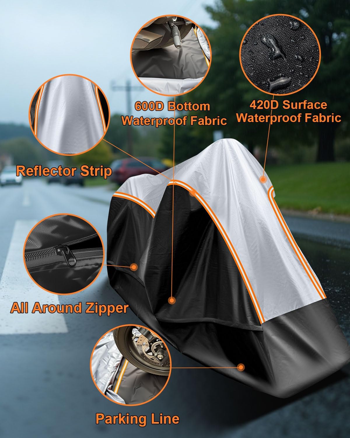 Full Enclosed Large Motorcycle Cover Waterproof Outdoor/Indoor Storage Motorcycle Cover Heavy Duty with Reflective Strips Fits Motorcycles Length up to 118" with Side+Top Box (Black+Sliver)