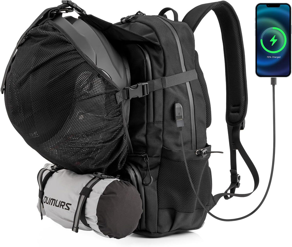 Oumurs Motorcycle Helmet Backpack 50L, Expandable Helmet Bag with Rain Cover, Water-Resistant Black 1680D Oxford Fabric, USB Port, Helmet Strap, Large Capacity for Motorbike Travel & Commuting