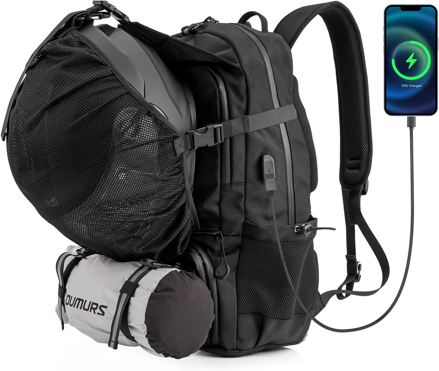 Oumurs Motorcycle Helmet Backpack 50L, Expandable Helmet Bag with Rain Cover, Water-Resistant Black 1680D Oxford Fabric, USB Port, Helmet Strap, Large Capacity for Motorbike Travel & Commuting