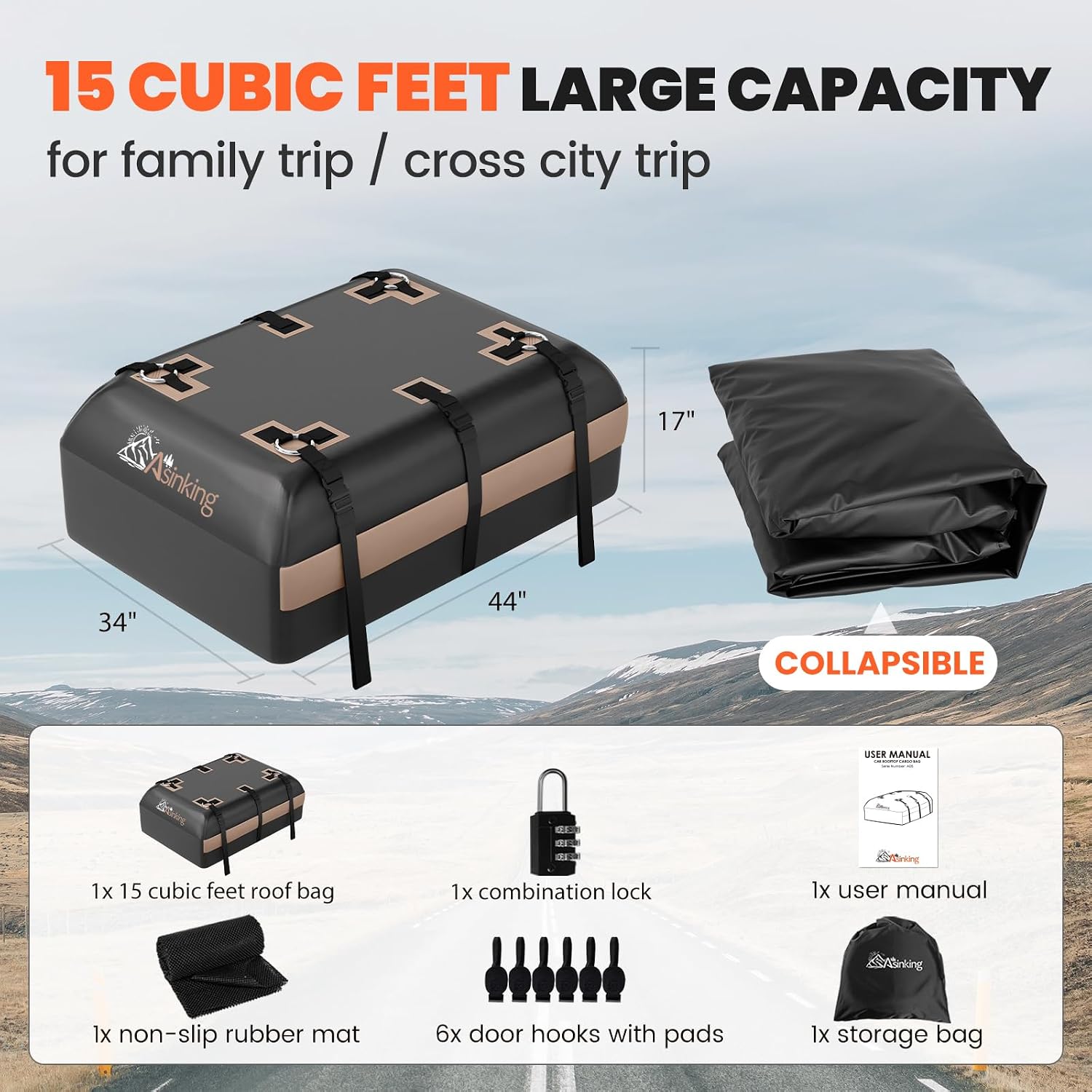 Asinking Car Rooftop Cargo Carrier Bag, 15 Cubic Feet Waterproof Roof Cargo Bag for Sedan SUV Minivan, Fit Vehicles with/Without Roof Rack, Sidebars & Crossbars - Max Size 44" L x34 W x17 H