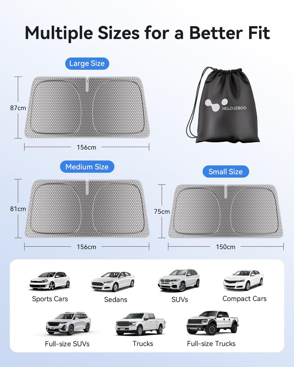 helloleiboo Graphene Windshield Sun Shade for SUVs and Most Mid-Size Sedans, 99% UV Blocking, Dual-Layer Honeycomb Heat Shield, Keeps Interior Cooler, Foldable