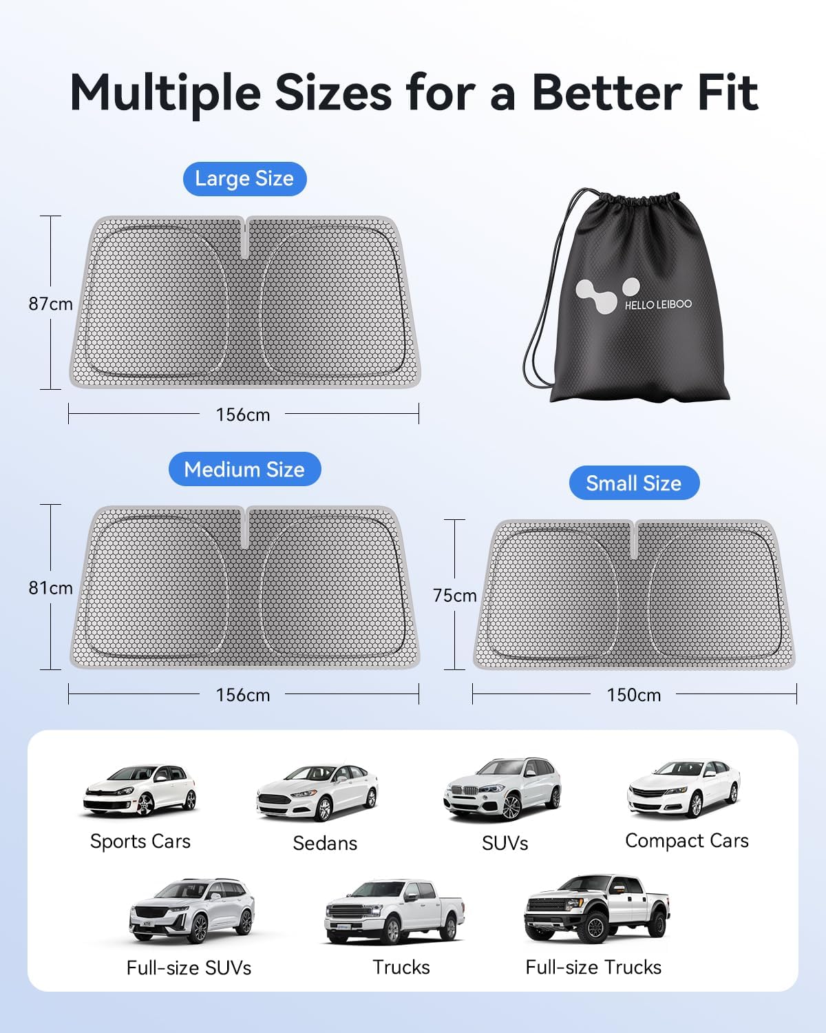 helloleiboo Graphene Windshield Sun Shade for SUVs and Most Mid-Size Sedans, 99% UV Blocking, Dual-Layer Honeycomb Heat Shield, Keeps Interior Cooler, Foldable