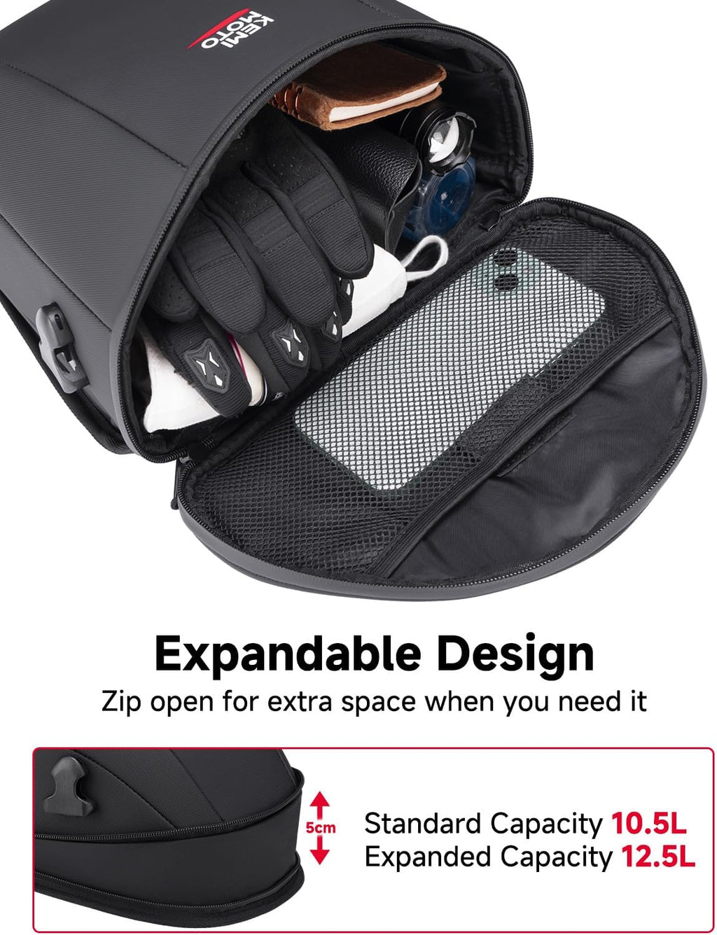 KEMIMOTO Motorcycle Tail Bag, Expandable 10.5L-12.5L Waterproof Motorcycle Rear Seat Bag with Rain Cover & Shoulder Strap, Motorcycle Luggage Tail Pack for Commuting Travel Camping, Black