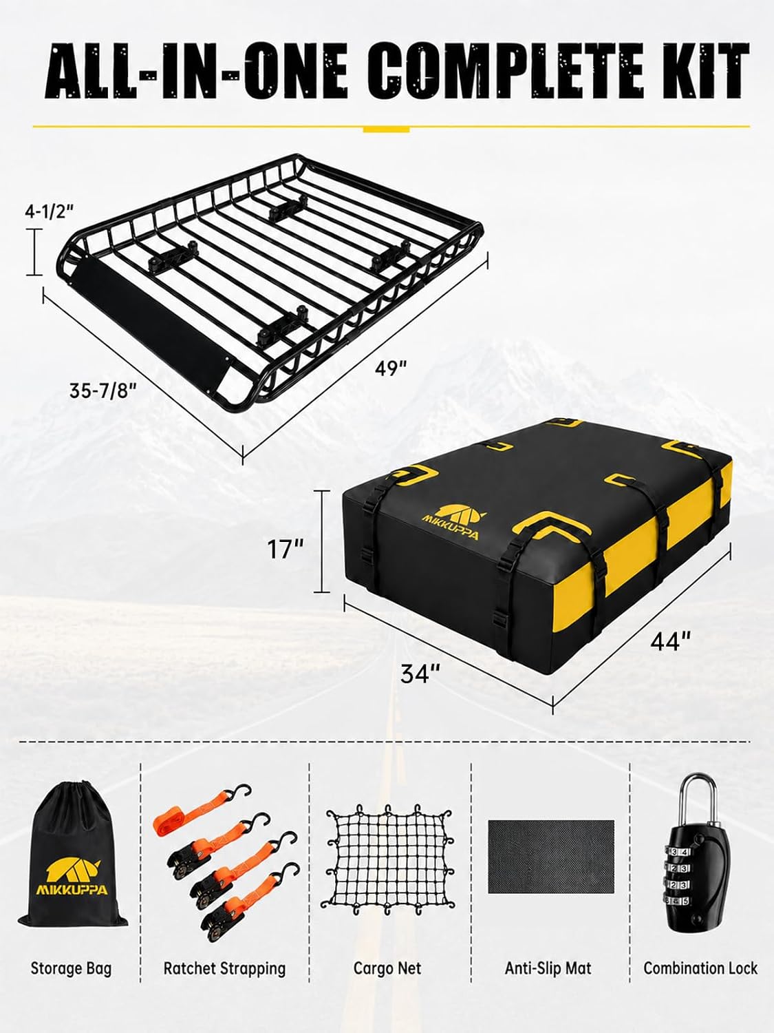 MIKKUPPA Roof Rack Basket with Waterproof Cargo Bag - Rooftop Carrier Combo | 150 Lbs Capacity Roof Rack Basket & 17 Cubic Feet Waterproof Luggage Bag, for SUVs, Trucks, Cars