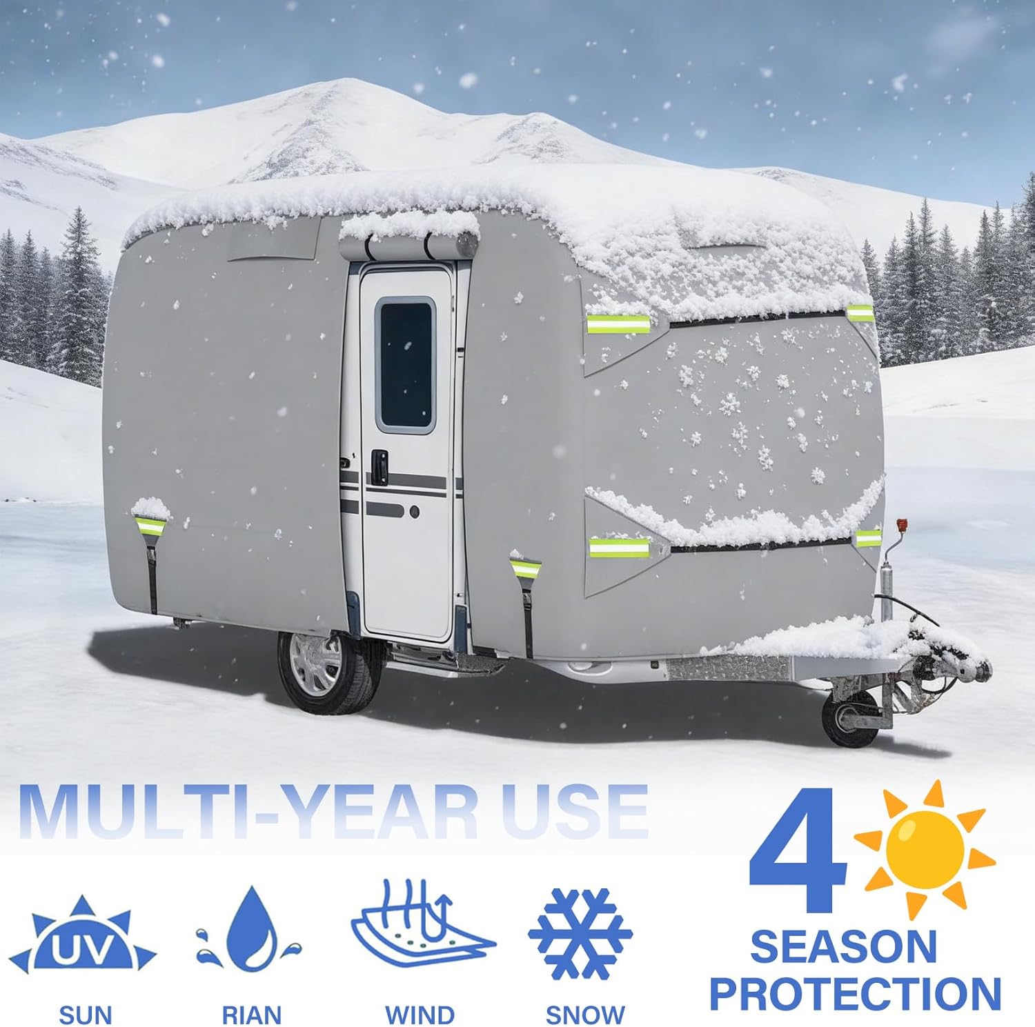 Fiberglass Travel Trailer Cover, Upgraded 8 Layers Top Fits 11 to 13 Feet Trailers, Waterproof Camper Cover, RV Cover with Extra Windproof Ropes, Adhesive Repair Patche