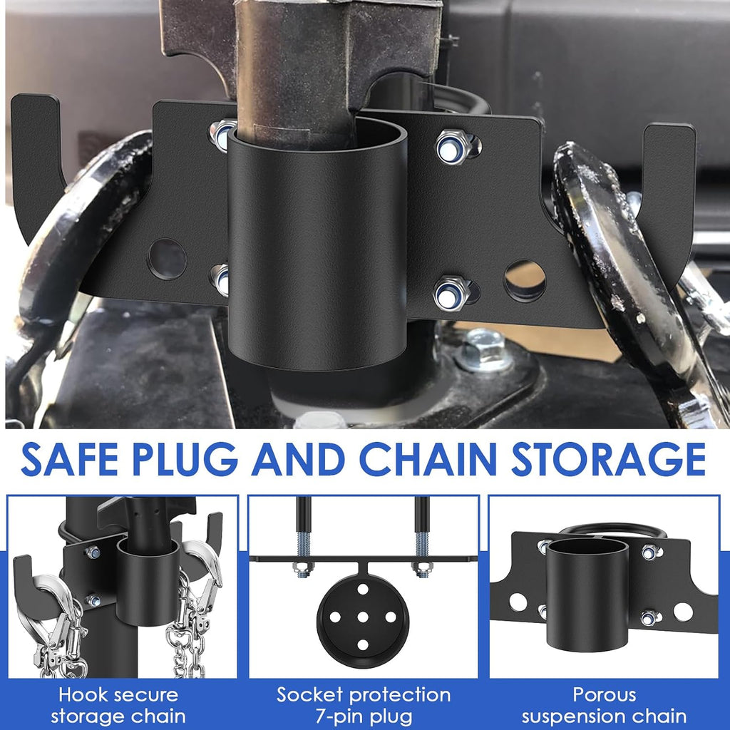 Aluminum Trailer Safety Chain Holder & 7-Way Plug Holder, Heavy Duty Anti-Rust Enclosed Tongue Jack Organizer Fits 2" & 2-1/4" Tubes, RV Towing Utility Camper Accessories for Chains & Wire Harness (B)