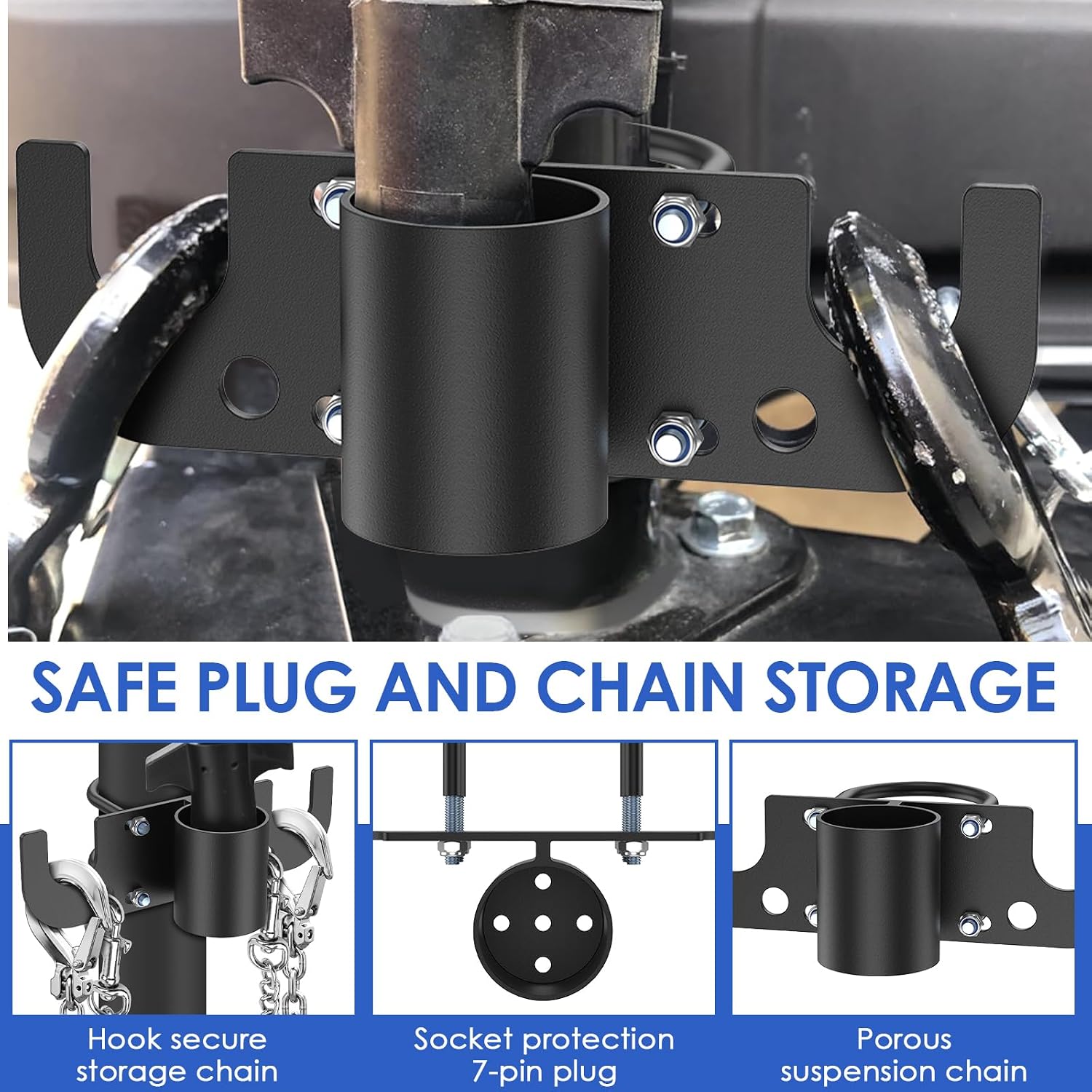 Aluminum Trailer Safety Chain Holder & 7-Way Plug Holder, Heavy Duty Anti-Rust Enclosed Tongue Jack Organizer Fits 2" & 2-1/4" Tubes, RV Towing Utility Camper Accessories for Chains & Wire Harness (B)