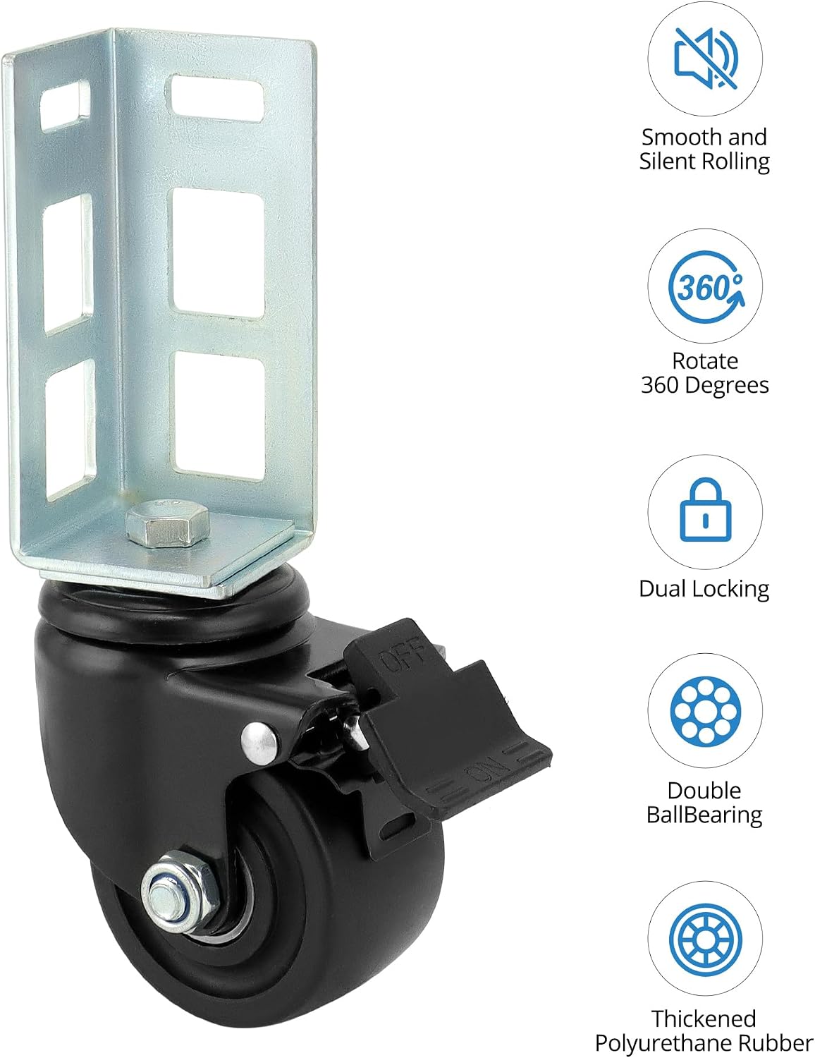 qwork 3" pu caster wheels for 2"x2" boltless, front angle view