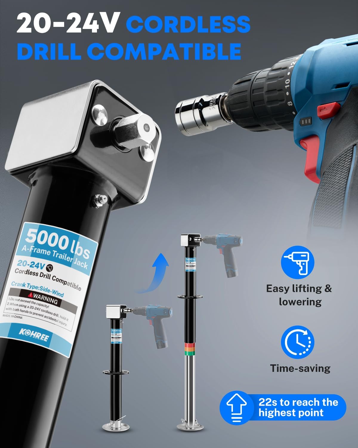 Kohree Upgraded 5000 lbs A-Frame Trailer Jack, 20-24V Cordless Drill Compatible, Adjustable RV Tongue Jack with Drop Leg & Drill Socket for Utility Yacht Boat Camping Trailer, 25" Vertical Travel