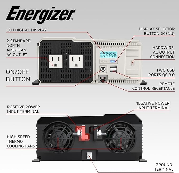 Energizer 1500 Watt 12V Pure Sine Inverter Dual AC Outlets & USB, Installation - Image 4