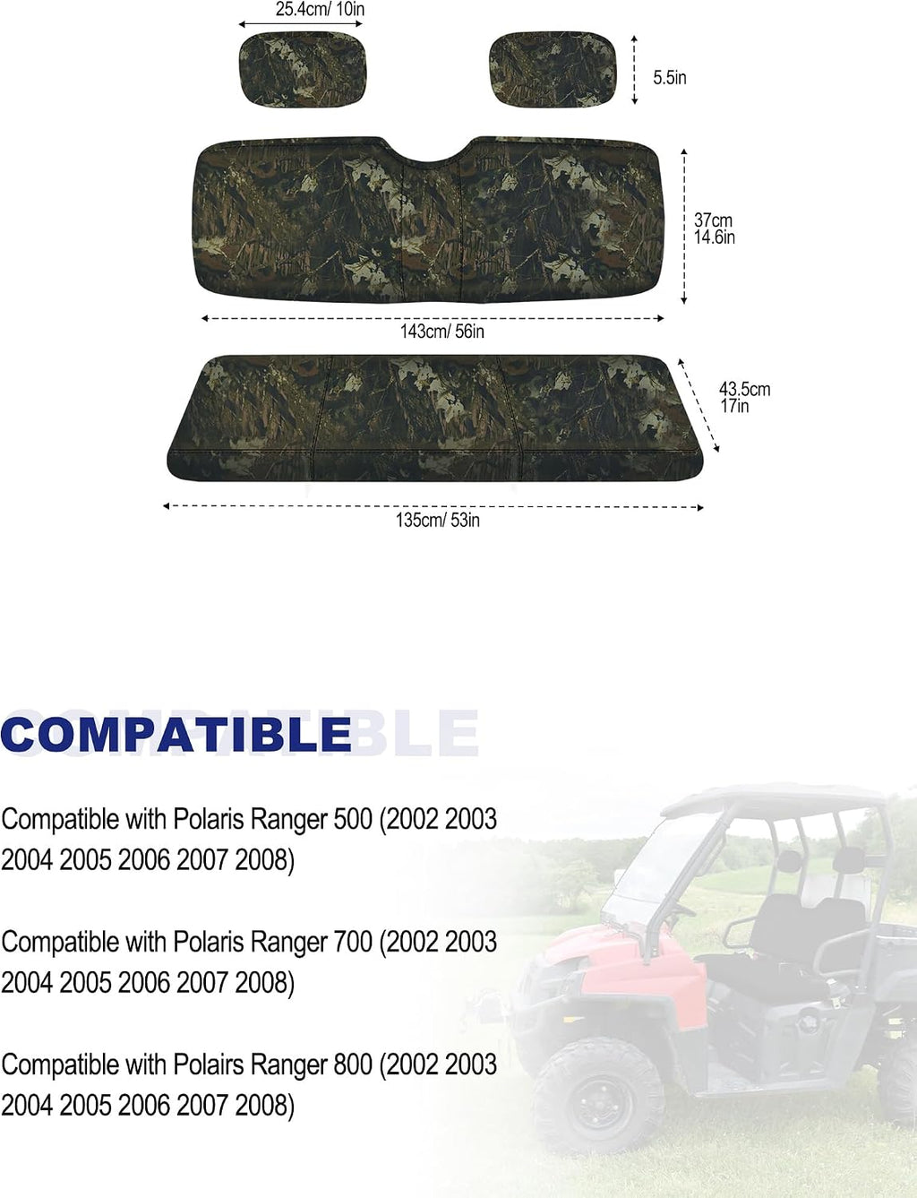 ZIDIYORUO Camo Ranger Seat Covers for Polaris Ranger 500 700 800 2002-2008 | Waterproof Oxford Fabric with PU Coating, Snug Fit UTV Bench Seat Protector Shields Seats from Pet Scratches, Dust & Mud