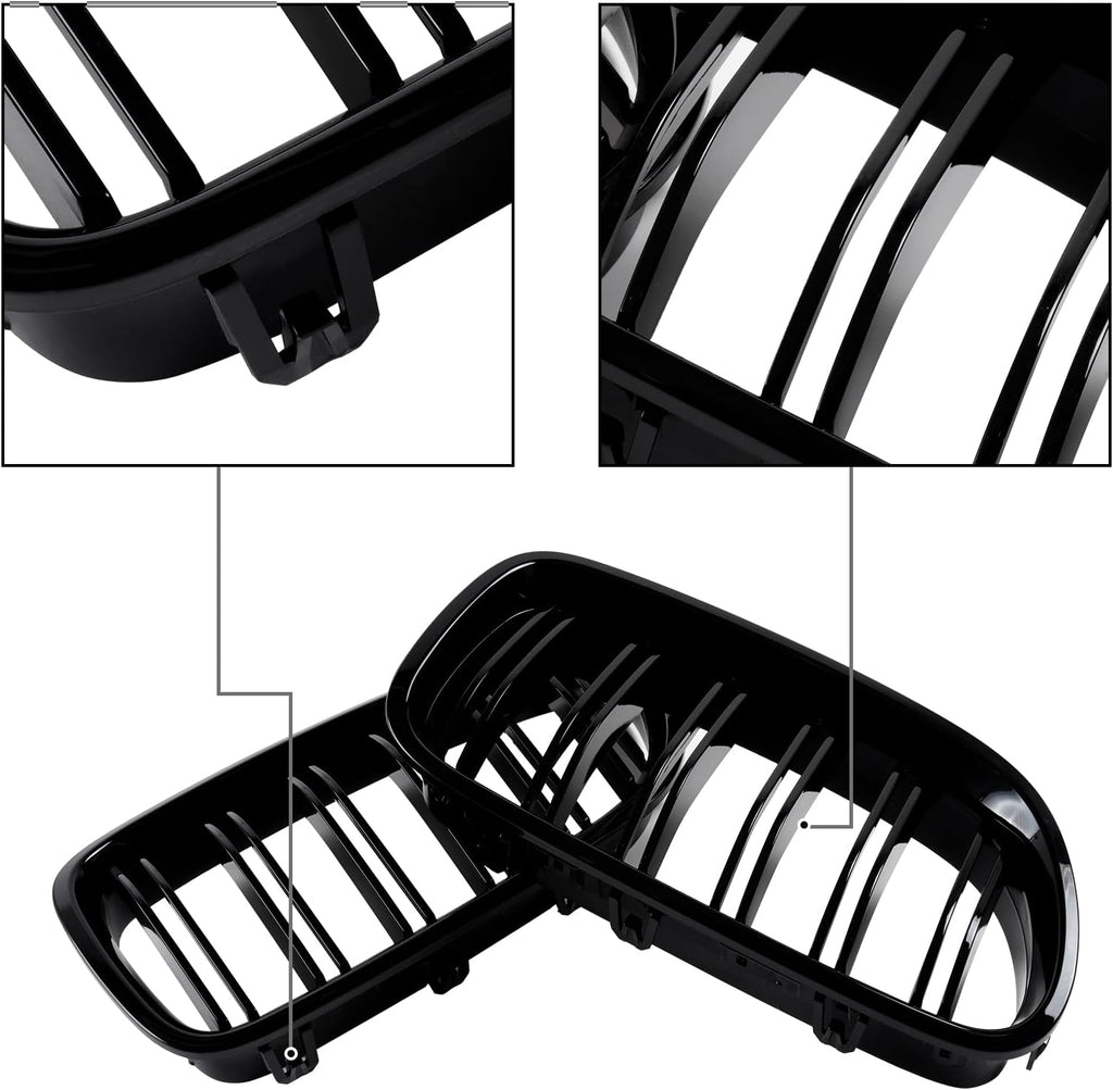 F10 Grille Front Kidney Grill Compatible with BMW 5 series F10 F11 M5 2010-2017 Double Slats ABS Gloss Black Grills 2Pcs (For F10 2010-2017 Double Slats)