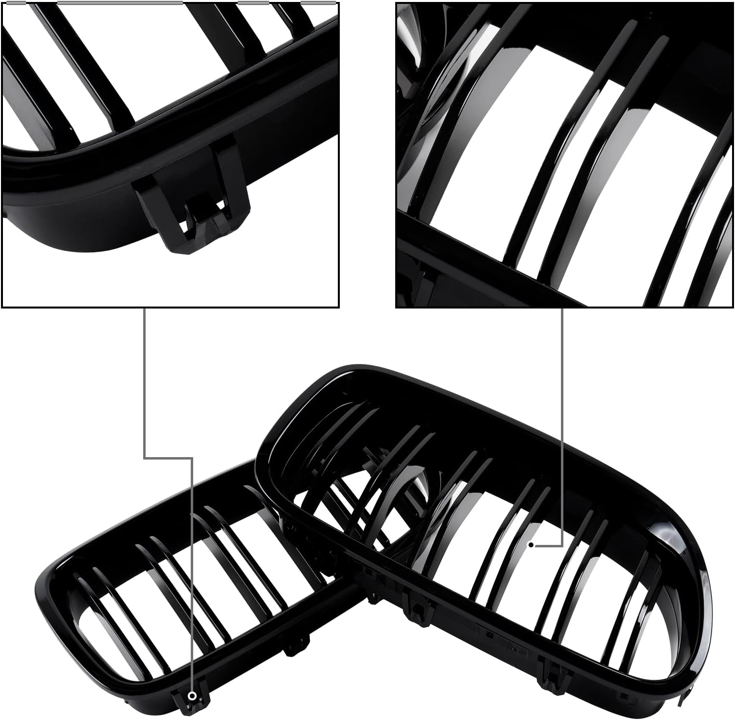 F10 Grille Front Kidney Grill Compatible with BMW 5 series F10 F11 M5 2010-2017 Double Slats ABS Gloss Black Grills 2Pcs (For F10 2010-2017 Double Slats)