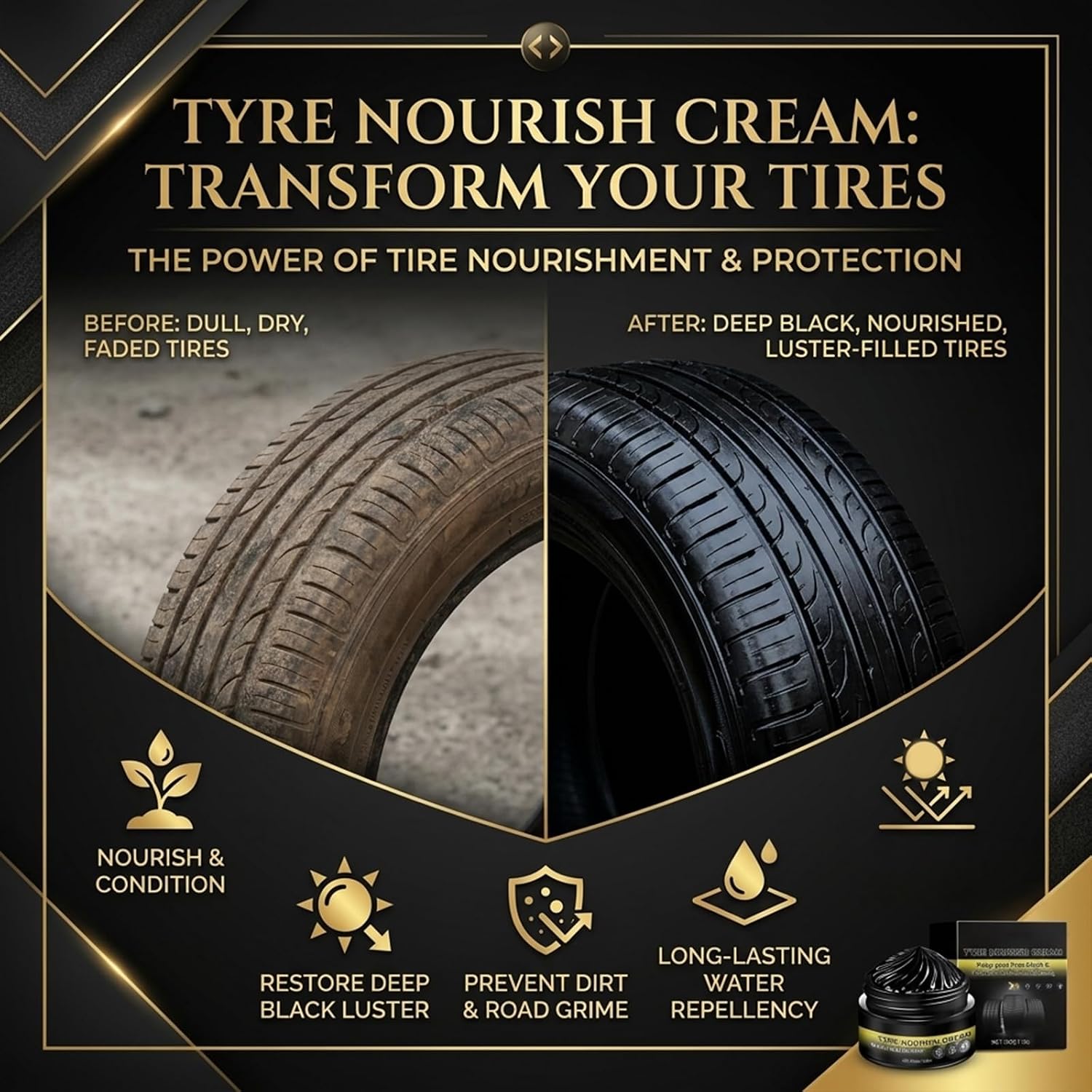 Tire Shine & Tyre Nourish Cream - Premium Wheel Restoration Wax - Long-Lasting Black Gloss Restorer Tyre Nourishing Paste for Cars, Trucks, Motorcycles - Professional Tire Dressing & Polish (1)