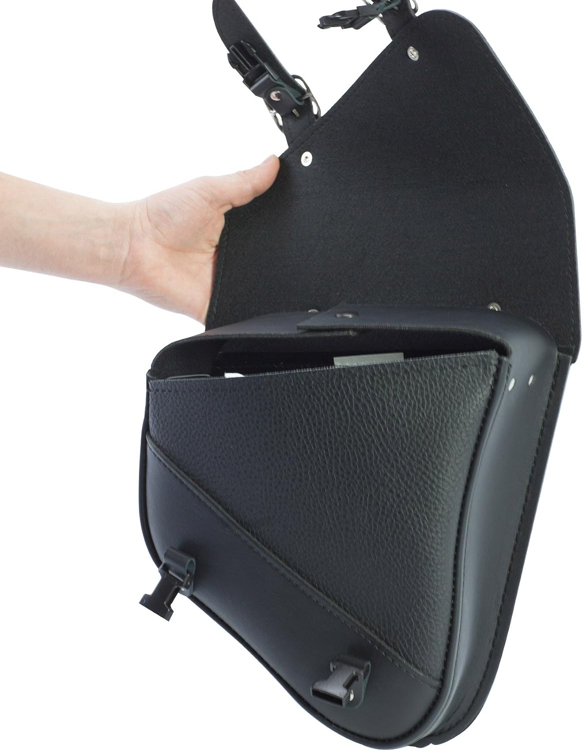 Willie & Max Black Synthetic Leather Motorcycle Swingarm Bag for Sportsters/Dual Shock Models - Nickel Buckle - Made in USA [59778-00]